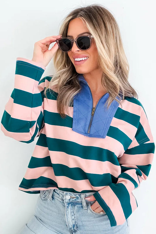 Gestreepte kwartrits sweater met metalen ritssluiting en afgedekte zoom