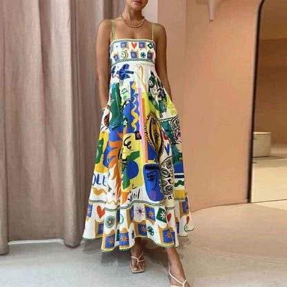 2026 Summer New Style Cross-Border European and American Resort-Style Dress, Elegant Long Printed Strap Dress