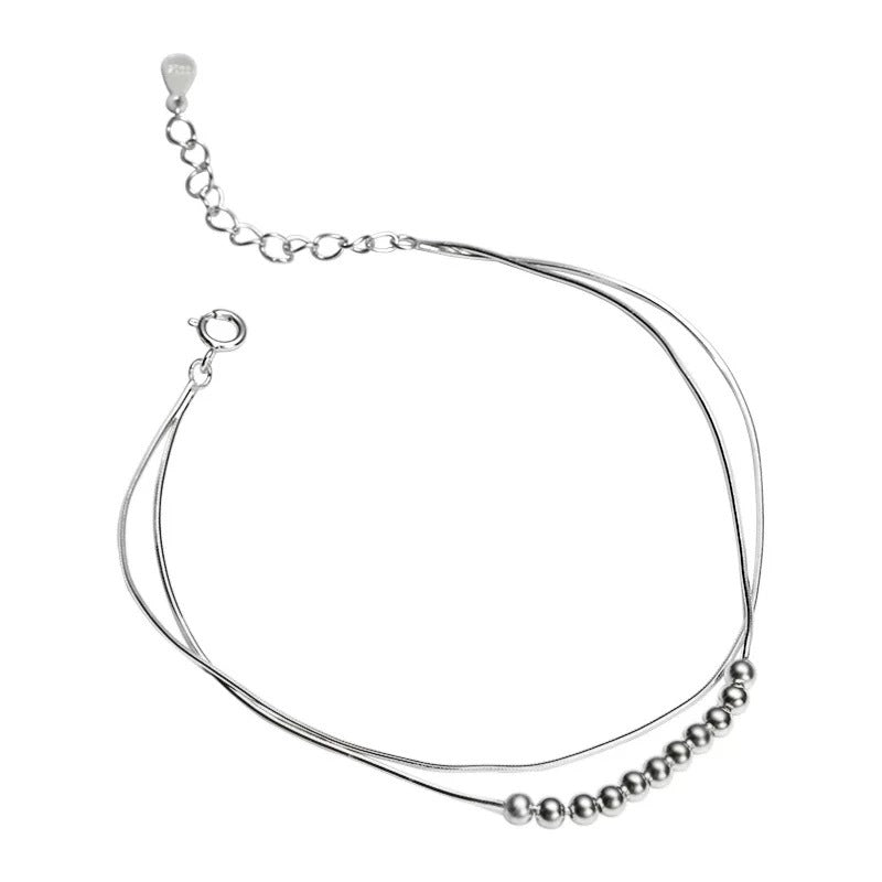 Double Layer Snake Bone Chain Silver Bead Bracelet