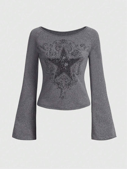 Big V-Neck Classic Micro Long Sleeve Top T-shirt