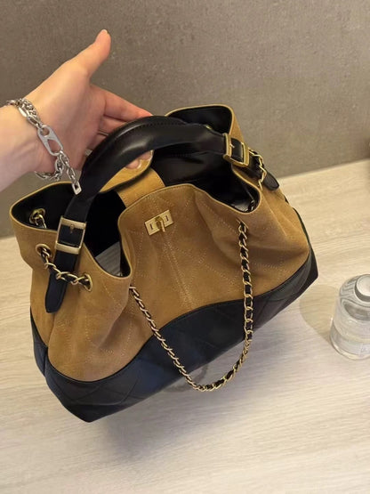 Tweed Style Suede Tote Bag with Chain Strap