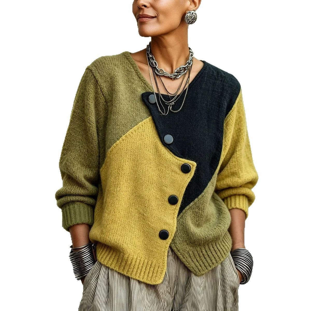 Women's Retro Color-Block Knit Cardigan