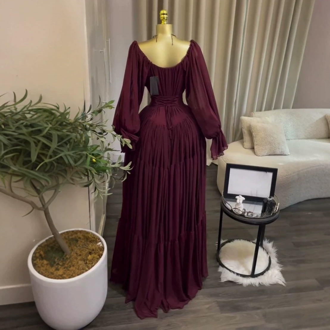 elegant lantern sleeve tie slim-fit pleated long dress