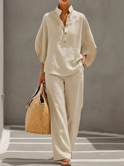 Womens Cotton Linen Shirt Set Casual Long Sleeve