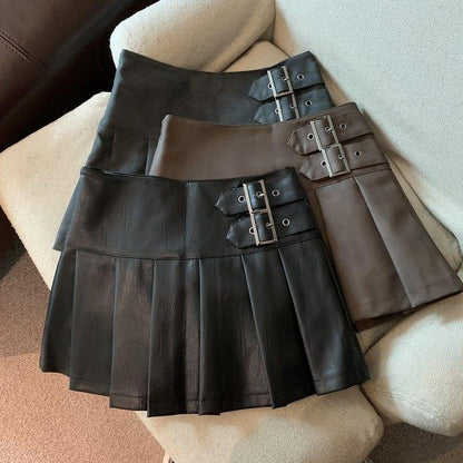 Womens High Waist Pleated PU Skirt