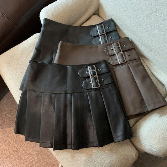 Womens High Waist Pleated PU Skirt