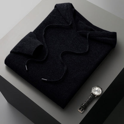 Mens Hooded Cashmere Blend Sweater Solid Color Long Sleeve Knit Pullover