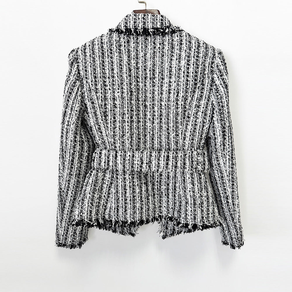 Women's Fringed Tweed Jacket Slim Fit Belted Suit Collar Long Sleeve Coat