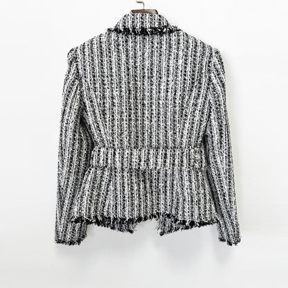 Women's Fringed Tweed Jacket Slim Fit Belted Suit Collar Long Sleeve Coat