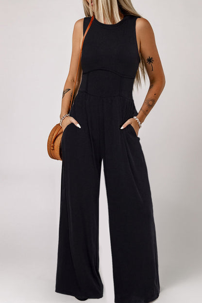Medium Grey Cinched Waist Sleeveless Wide Leg Jumpsuit