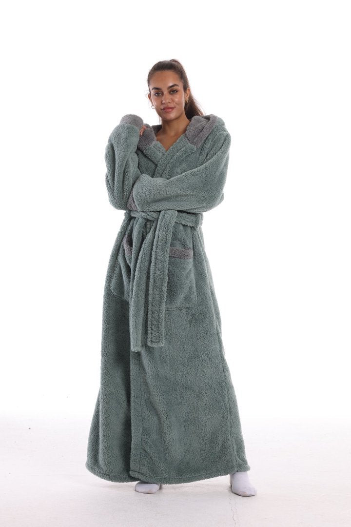Hooded Solid Color Fleece Bathrobe with Belt Ankle Length Warm Couple Loungewear