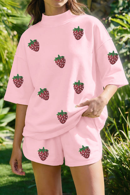 Oversized T-shirt met pailletten aardbeienprint en bijpassende casual shorts