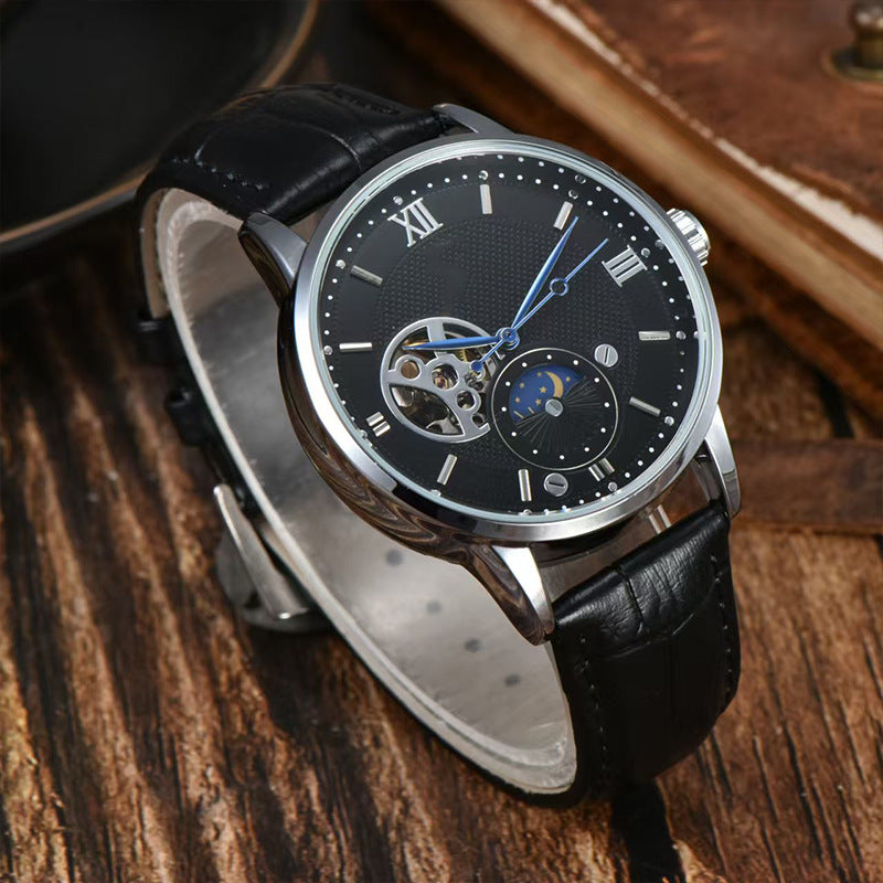 Men's Automatic Mechanical Watch Genuine Leather Strap Waterproof Round Dial Fashion Wristwatch