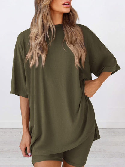 Loose Fit Casual Round Neck Short Sleeve Shorts TwoPiece Set