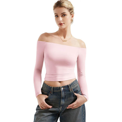 Women's Off-Shoulder Long Sleeve Crop Top Slim Fit Pullover