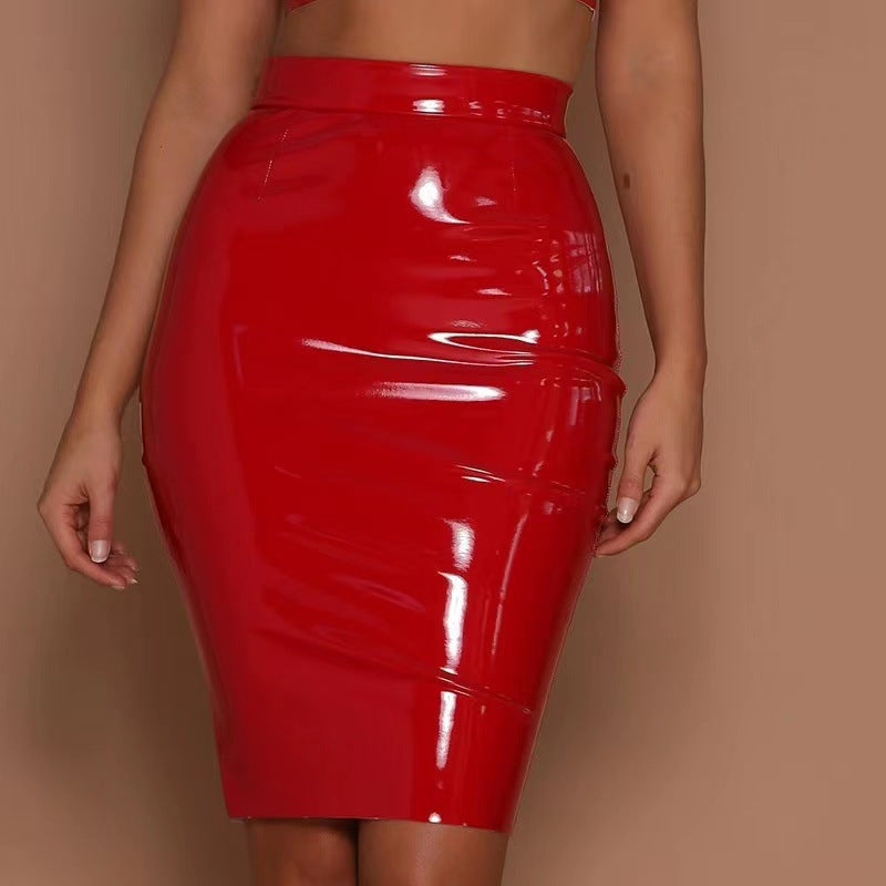 pure color Sexy Slim PU leather high waist zipper hip skirt