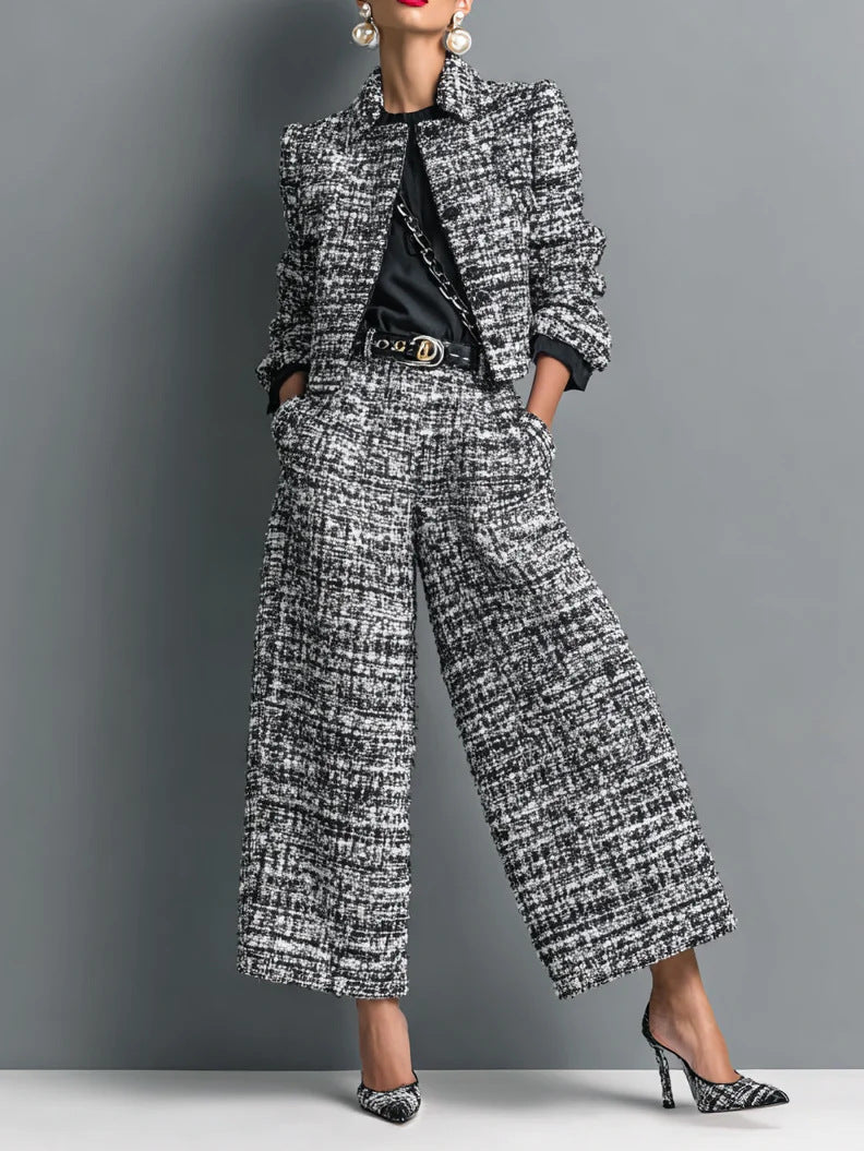 Women Lapel Short Jacket Wide Leg Pants Suit Two Piece Set