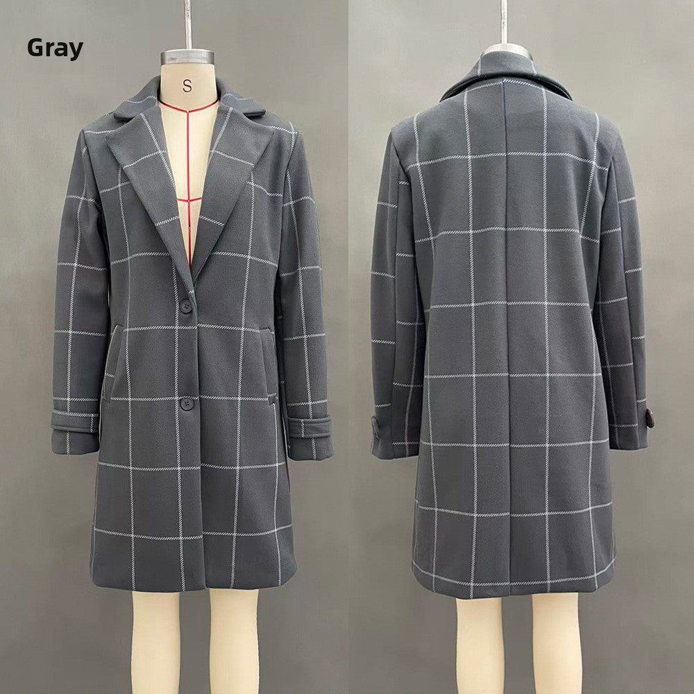 Retro Plaid Mid-Length Lapel Coat for Women