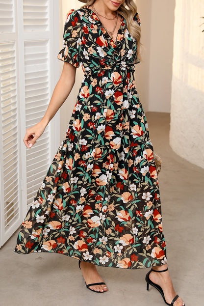 Hemelsblauwe maxi-jurk met vurige bloemenprint ruches V-hals en korte mouwen