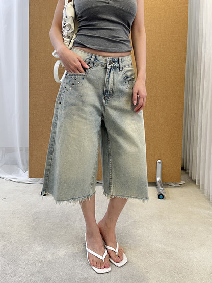 Womens Rhinestone Frayed Hem Denim Pants