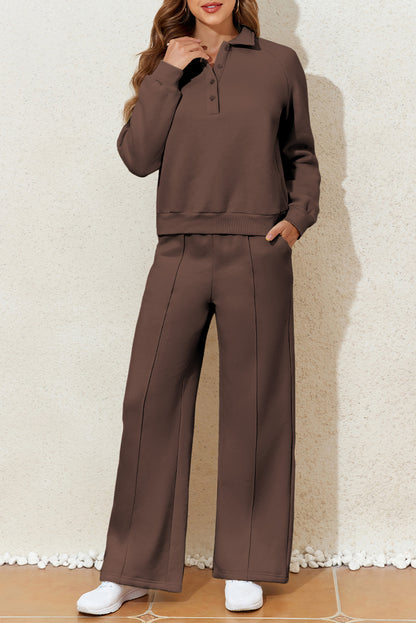 Donkerbruine sweatshirt met kraag halve knoopsluiting en bijpassende sportbroek met zakken en hoge taille