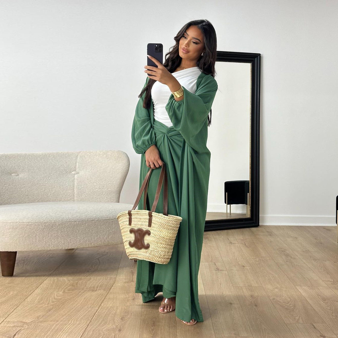 Elegante Effen Lange Cardigan Gedraaide Rok Tweedelige Set Vrouwen