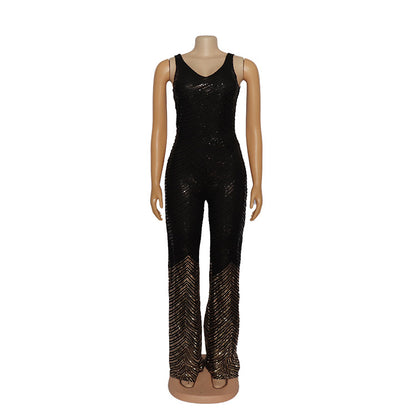 Sexy hoge stretch jumpsuit met diepe V-hals en pailletten