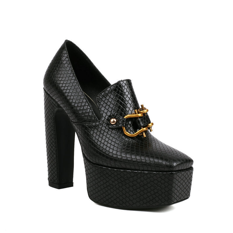 High Heels, Snake Print Square Toe, Thick Sole, Chunky Heel Women's Shoes
