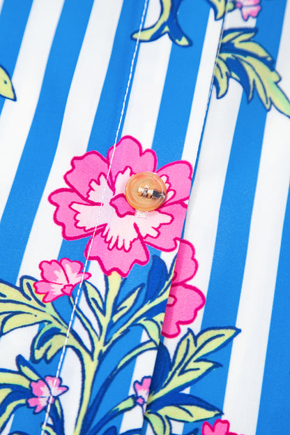 Blauw gestreept overhemd met bloemenprint en losse pasvorm