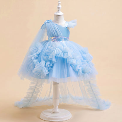 Girls Tulle Princess Dress with Irregular Train and Bow Detail Birthday Party Dress