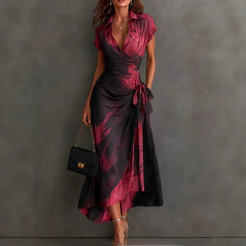 Elegant printed short-sleeved lace-up dress