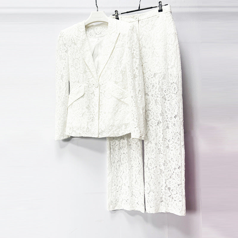 Elegant Lace Two-Piece Suit with Straight-Leg Pants