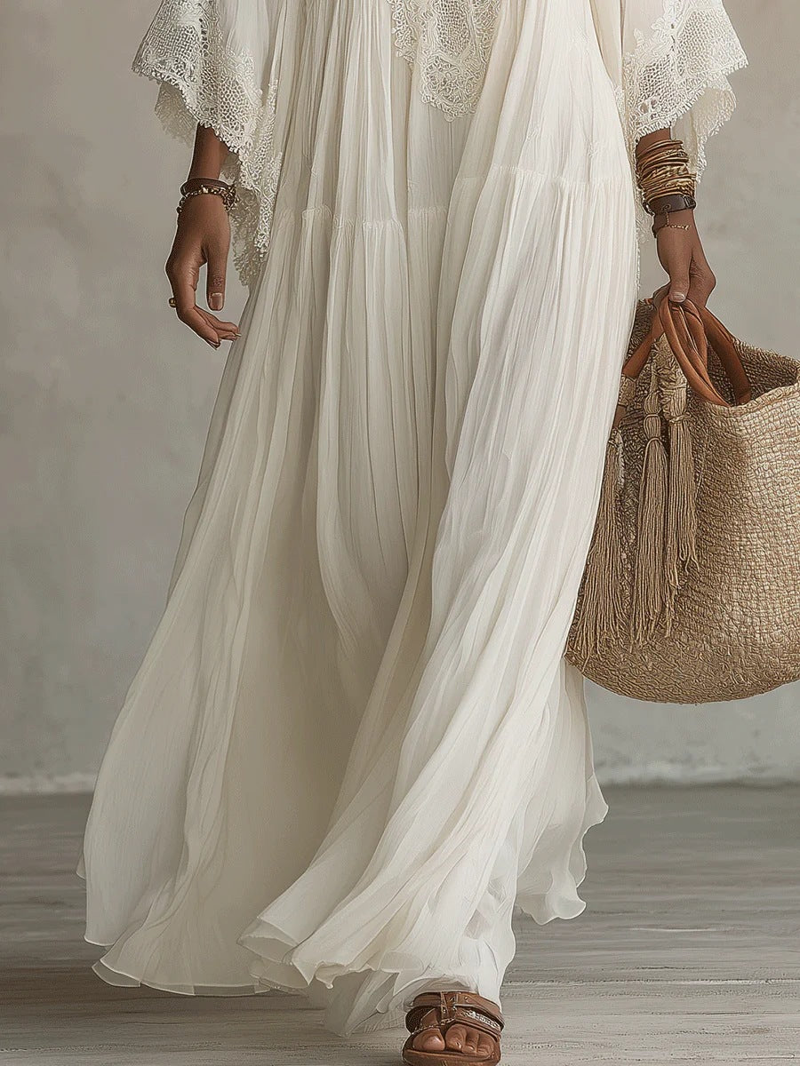 White Lace V-Neck Long Dress with Batwing Sleeves for Beach Holiday