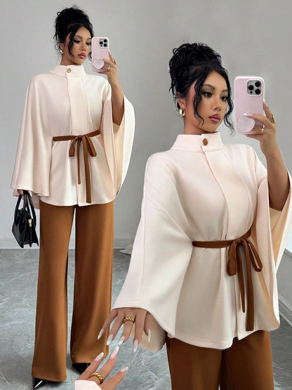 Women's Mock Neck Waist-Tie Short Woolen Coat Set