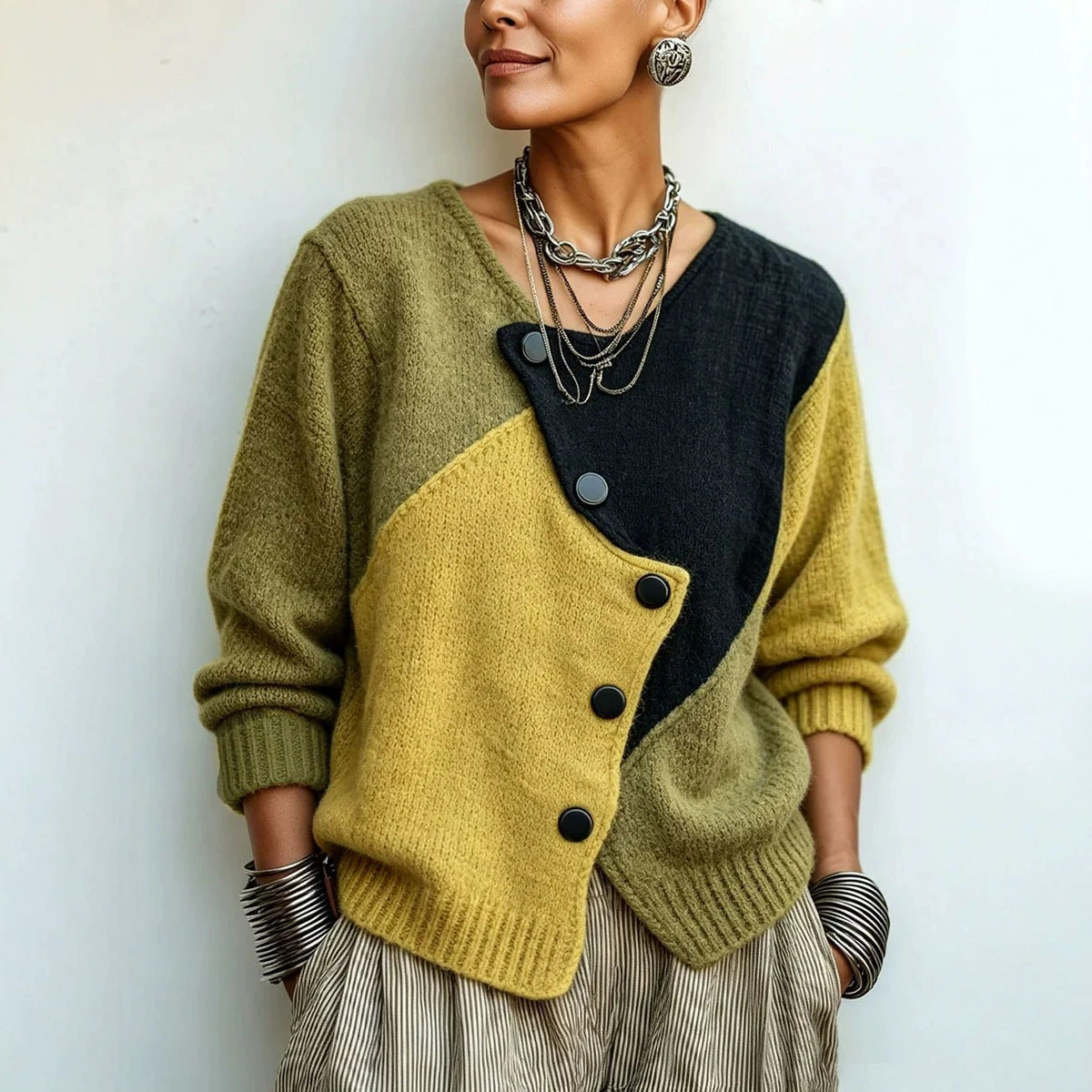 Women's Retro Color-Block Knit Cardigan