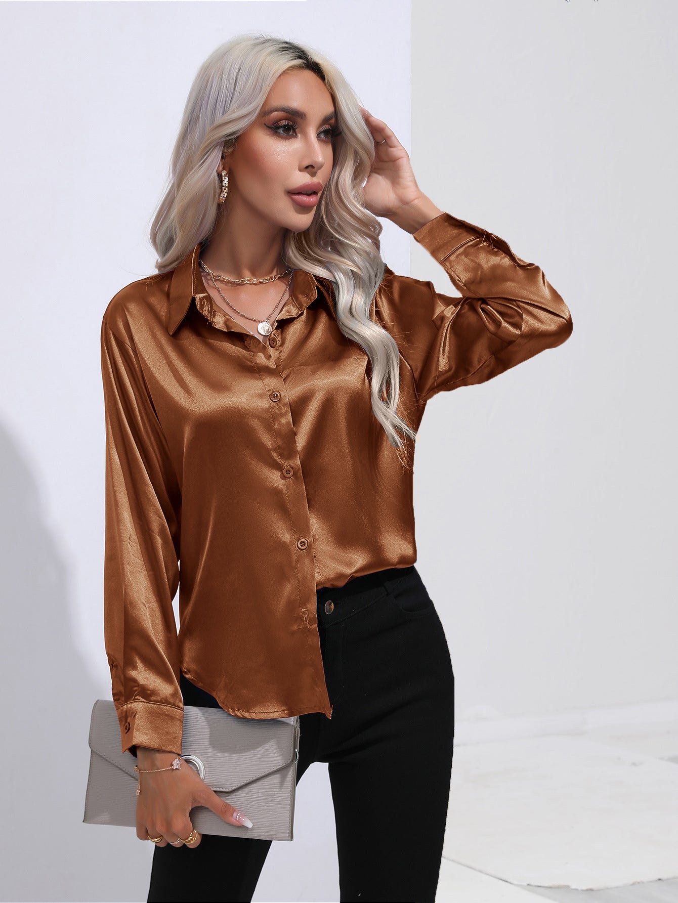 Womens Long Sleeve Satin Shirt