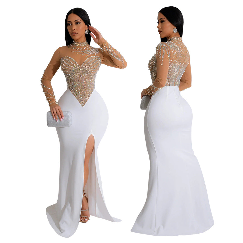 Rhinestone High Slit Mesh Evening Dress