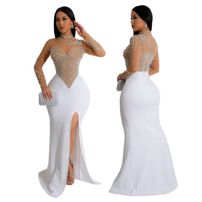 Rhinestone High Slit Mesh Evening Dress