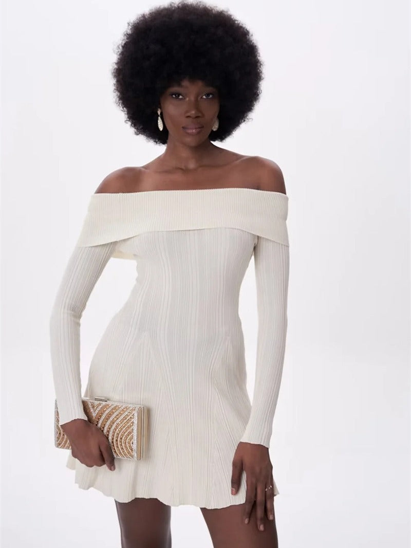 Sexy Off-Shoulder Long Sleeve Knitted Dress Women Pleated Slim Fit Short Skirt