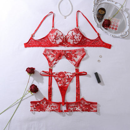 Geborduurde kanten 3-delige lingerie set met of zonder kralen