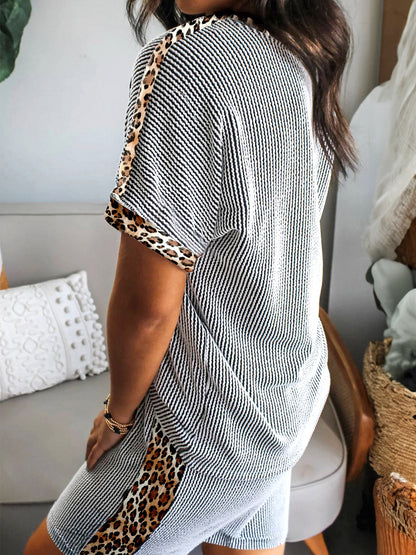 Women's Leopard Print Ribbed T-Shirt and Shorts Set
