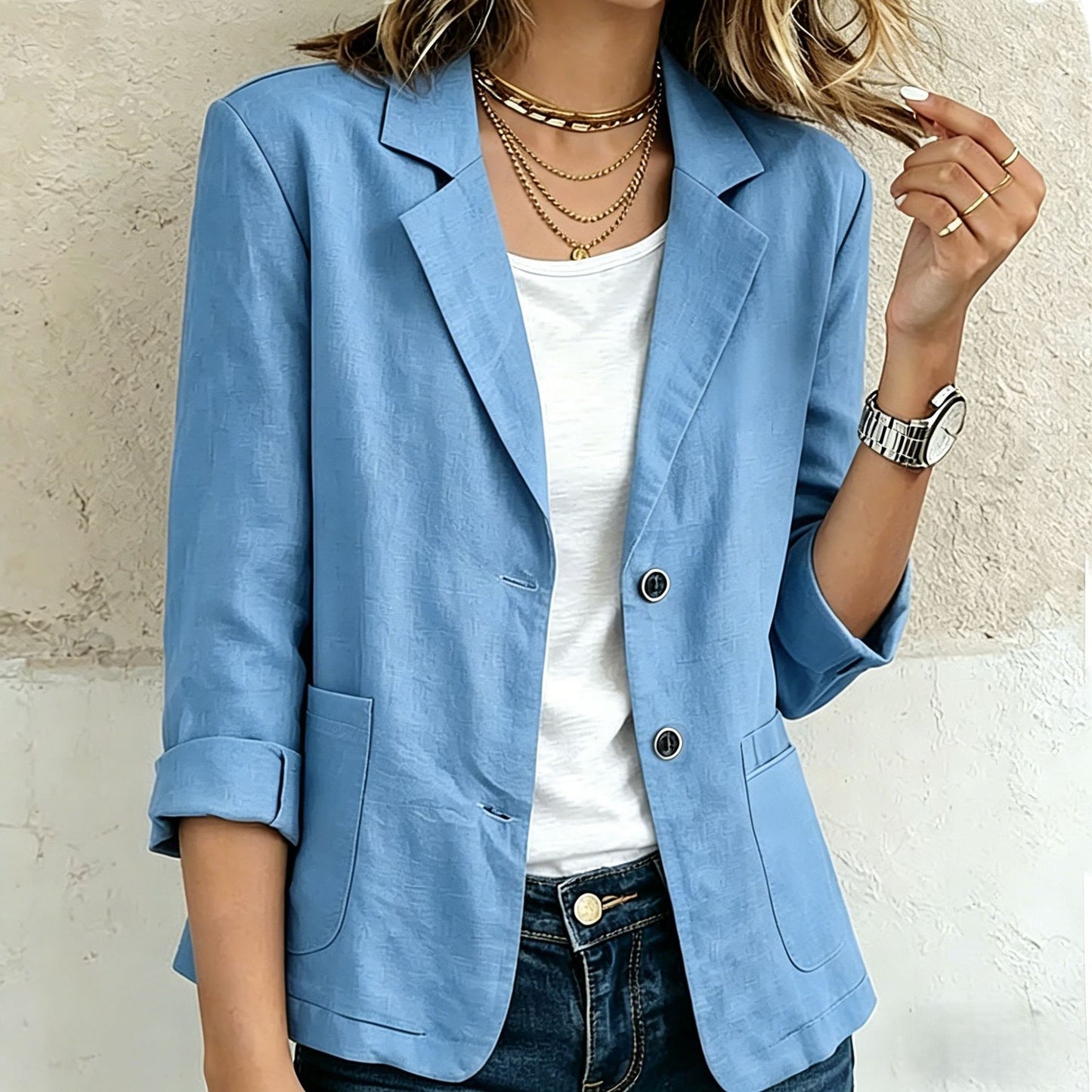Womens Buttoned Long Sleeve Linen Blend Jacket