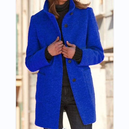 Womens Retro Solid Color Buttoned Stand Collar Coats