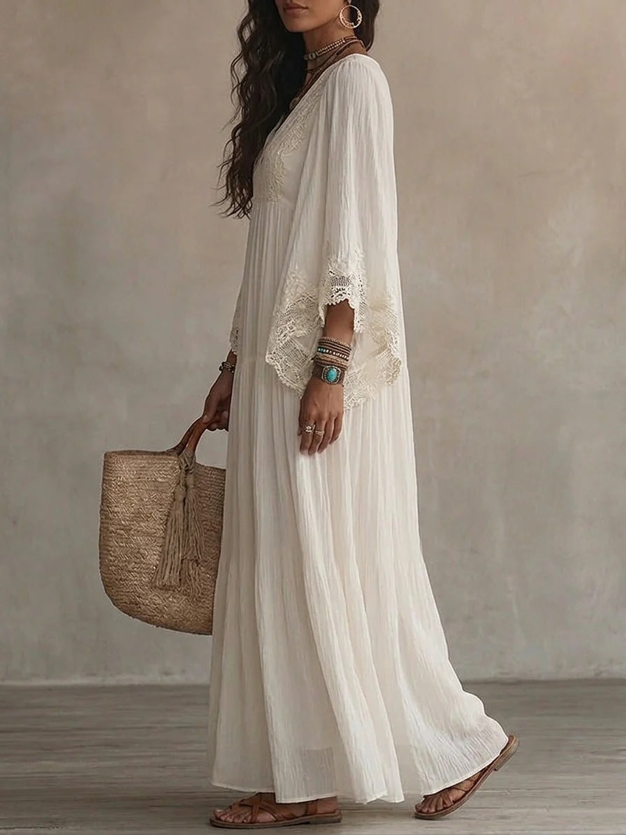 White Lace V-Neck Long Dress with Batwing Sleeves for Beach Holiday