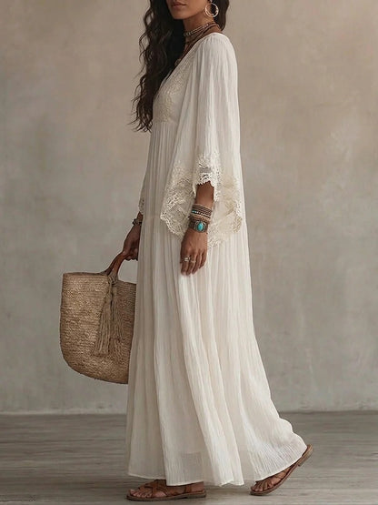 White Lace V-Neck Long Dress with Batwing Sleeves for Beach Holiday