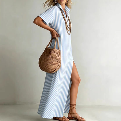 Gestreepte zomerjurk met V-hals voor dames