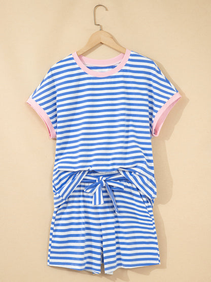 Women's Striped Short Sleeve Shorts Set