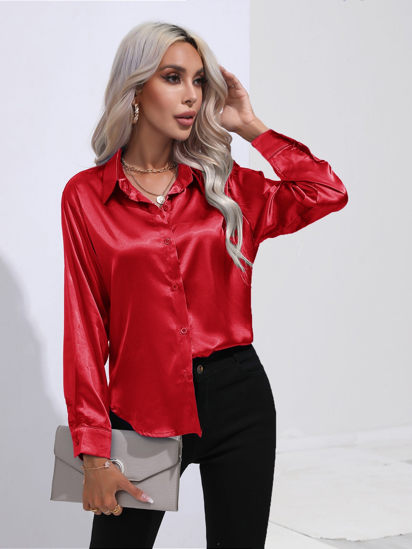 Womens Long Sleeve Satin Shirt