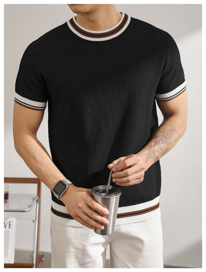 Men's Striped Ice Silk Knit Polo Shirt Short Sleeve Slim Fit Summer Top