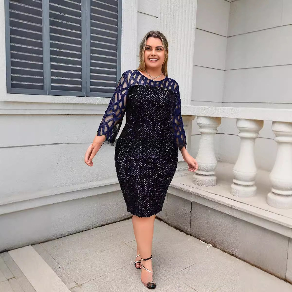 Elegant Sequins Mesh Splicing Dress